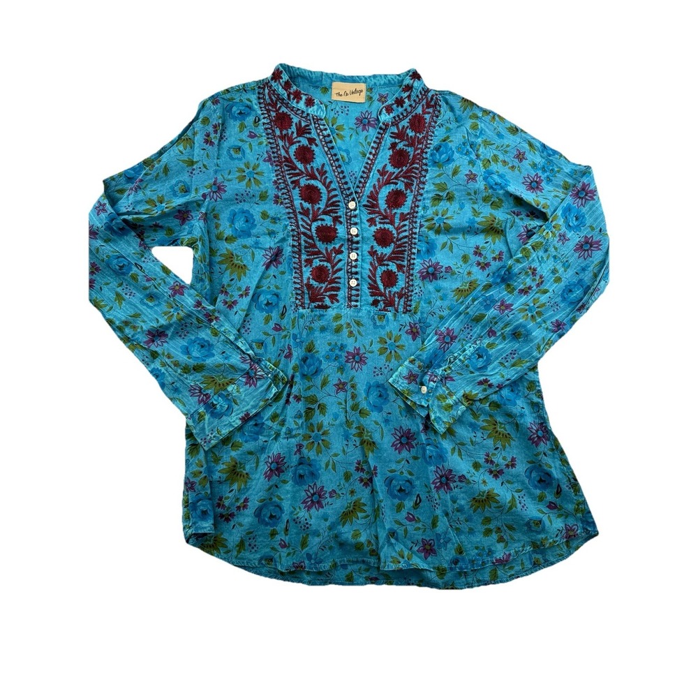The Nu Vintage Tunic Womens L Blue Floral Embroidered Boho Long Sleeve Top
